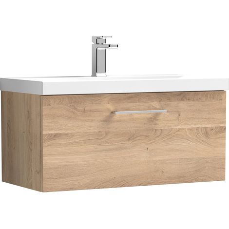 Nuie Arno Bleached Oak Woodgrain 800mm Wall Hung Single Drawer Vanity Unit and Mid Edge Ceramic Basin - ARN3025A (1/5)