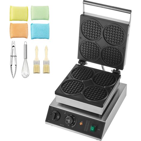 Gaufrier Commercial 4 Pièces, Acier Inoxydable 1750W, Antiadhésif, Contrôle Température et Temps, pour Restaurant Boulangerie Snack-Bar Famille (1/5)