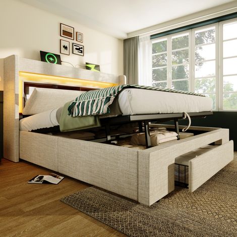 Polsterbett 160x200 cm beige mit Bettkasten, LED-Kopfteil und USB/USB-C, ohne Matratze (1/5)