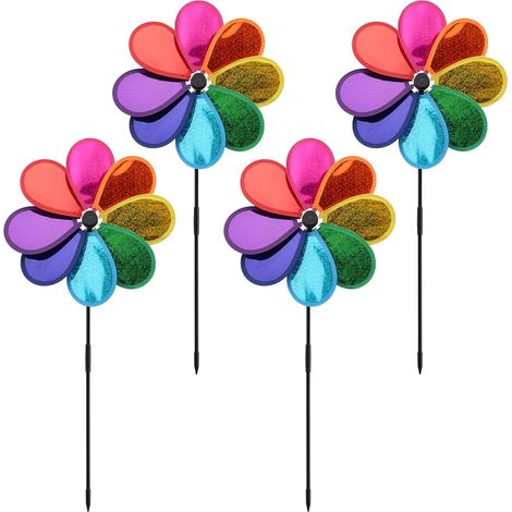 Set mit 4 Blumen-Windspielen, 30 cm, Regenbogen-Windmühle für Rasen, Windkraftanlage, Hof, Garten, Terrasse, Balkon, Gartendekoration, Gesamthöhe 75 cm