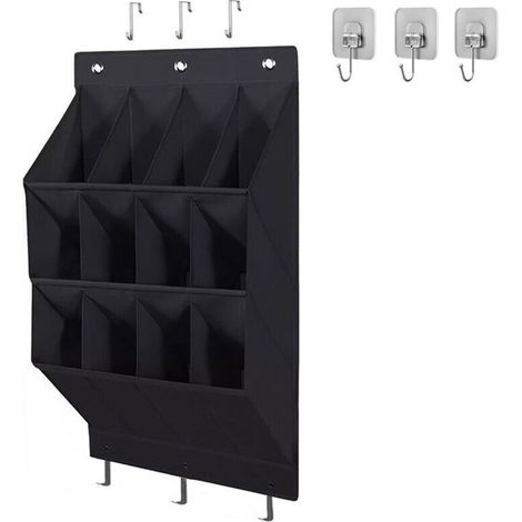 Organizador de zapatos para colgar en la puerta, 12 bolsillos profundos, tela Oxford 600D gris, 6 ganchos, almacenamiento colgante multiusos. (1/4)