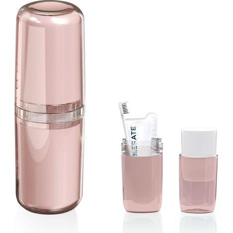 Étui de voyage 4-en-1 : gobelet, brosse à dents, dentifrice et rince-bouche, pliable et anti-poussière.