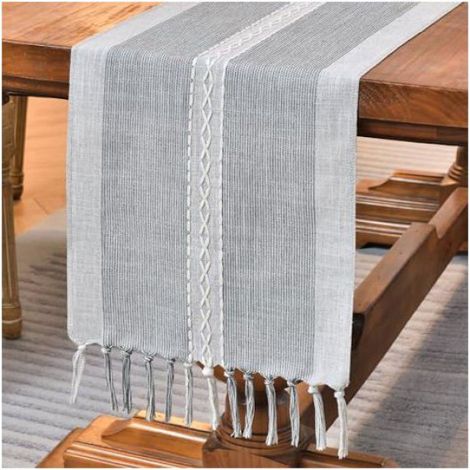 Chemin De Table - Coton Lin - 120 cm - Gris - Avec Glands À La Main - Intérieur Extérieur (1/4)