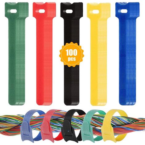 Wiederverwendbare Klett-Kabelbinder – 150 mm x 12 mm – Für Kabelmanagement in Computer-, Elektronik-, Büro- und Haushaltsgeräten – 100 Stück, 5 Farben (1/5)