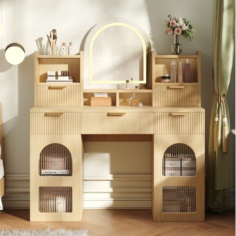 Schminktisch aus MDF und Spanplatte, Naturfarbe, mit LED-Spiegel und 3 Schubladen (1/5)