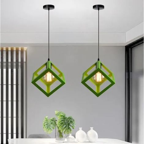 2PCS Lampe Suspension Plafonnier Industrielle en Métal Vert Lustre Suspension Vintage Carré pour Salon Chambre (1/4)