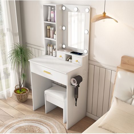 Tocador de MDF blanco con espejo LED, enchufe, cajones y taburete acolchado (1/5)