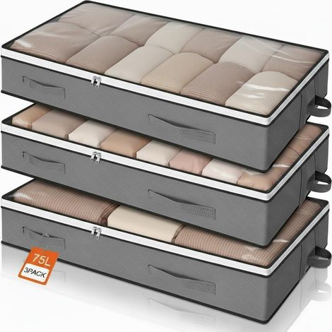 Boite Rangement, Lot de 3 Sac de Rangement Vetement 75L sous lit Pliable Housse Rangement Couette Organisateur de Placard Fenêtre Transparente en Tissu Solide pour Les Vêtements Penderies, Gris (1/5)
