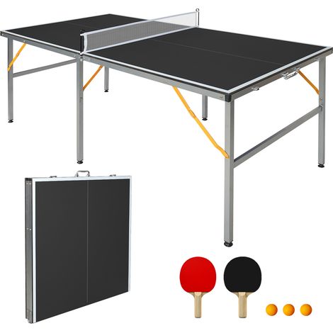 Mesa de ping pong plegable portátil 182 x 91 cm, MDF y acero, negra, con red, 2 palas y 3 pelotas (1/5)