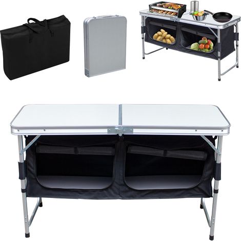 Randaco 120 x 47 x 68 cm Cucina da campeggio pieghevole 2 tavoli – Armadio da campeggio Cucina da esterno Tavolo pieghevole con spazio di stivaggio per campeggio, giardino e camper