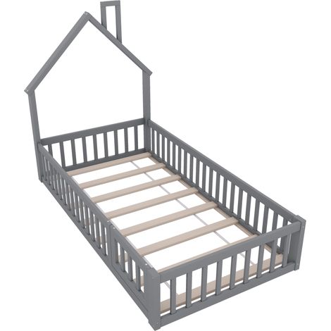 Letto casetta bambini 90 x 200 cm, tetto camino, pino e MDF, grigio, rete a doghe (1/5)