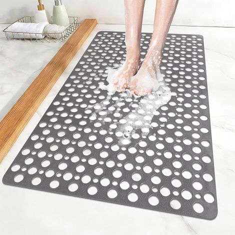 Non-Slip Shower Mat, 60 x 90 cm Bath Mat with Suction Cups, Bath Mat with Drain Holes, Large Non-Slip TPE Mat, Quick Drying (Grey-A, 60 x 90 cm (Rectangular)) (1/5)