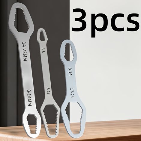 Jeu de trois clés robustes à double extrémité avec mécanisme d'auto-serrage – clé à douille multifonctionnelle et clé réglable. (1/4)