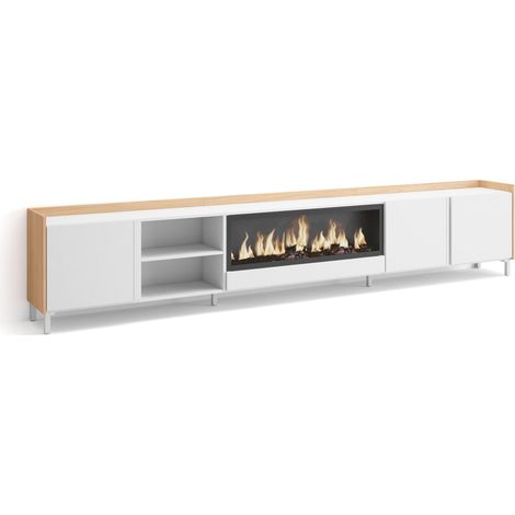 Skraut Home - Meuble TV, Banc Télé, Grand espace de Rangement, 315x35x61cm, Pour les TV jusqu'à 80", Cheminée électrique XXL, Design industriel, Style moderne, Blanc et Chêne Soft (1/5)