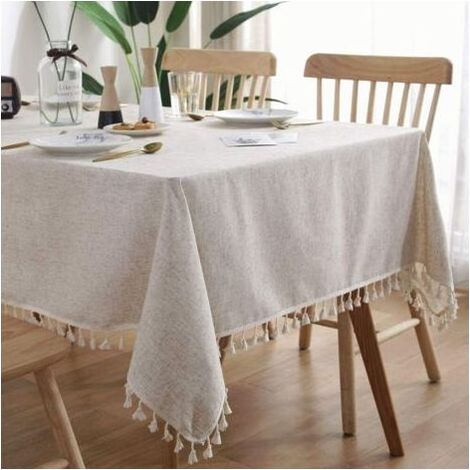 Nappe rectangulaire en lin et coton, résistante aux taches, lavable, unie, avec pompons, pour la cuisine, la table à manger ou la décoration d'un buffet (Beige, 140 x 220 cm) (1/5)