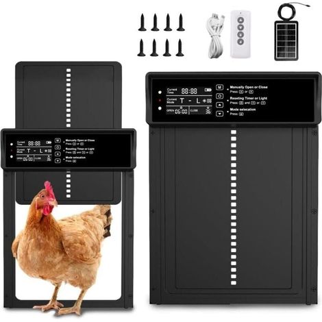 Automatische Hühnerstalltür, solarbetriebene automatische Hühnerstalltür mit Zeit-/Temperatur-/Licht-/Fernbedienungssteuerung, IP45, automatische Hühnerstalltür mit intelligentem Einklemmschutz (1/4)