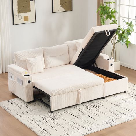 Sofá de 3 plazas (212.5x136x86 cm), cama nido extraíble, chaise longue con almacenaje, pana beige (1/5)