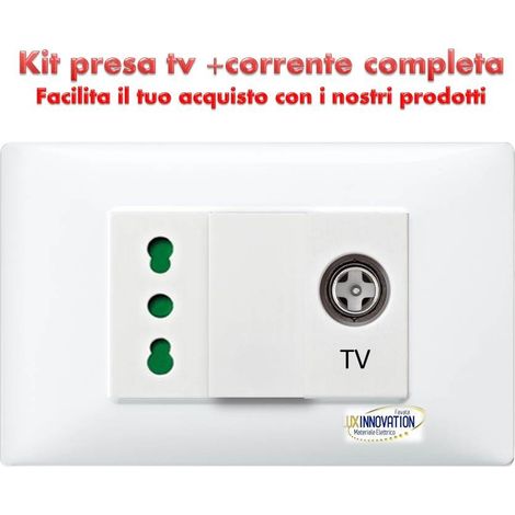 Presa antenna tv con Bipresa completa doppia 16A monoblocco con placca bianca