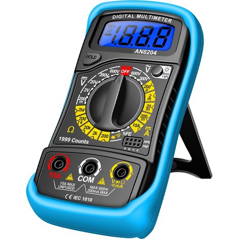 Multimètre numérique multifonction 1999 comptes haute précision testeur tension AC/DC courant continu mesure diode transistor résistance détection buzzer écran LCD rétroéclairage bleu, bleu+gaine sili (1/5)