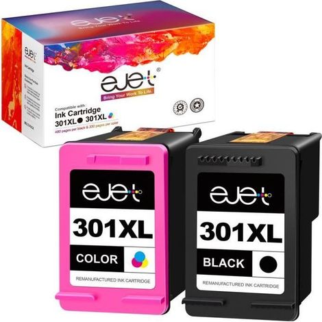 301 XL Cartouches d\'encre Remanufacturées EJET 2 Pack Compatibles pour HP 301 pour Deskjet 1000 1010 1050 1050A 1510 1510 1512 1514-Ywey (1/4)