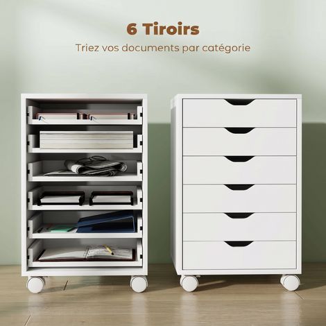 Caisson de Bureau Mobile avec 6 Tiroirs Silencieux, Caisson de Rangement sur Roulettes, 40 x 35 x 63 cm, Blanc (1/5)