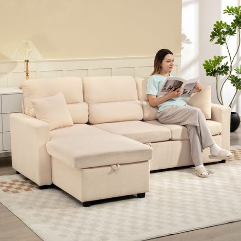 Canapé d'angle convertible 3 places velours côtelé beige, 205x135x76cm, avec espace de stockage intégré et coussins