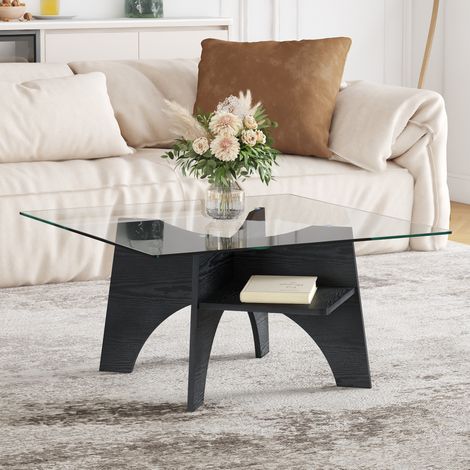 Mesa de centro cuadrada 80x80x40 cm, diseño minimalista, sobre de vidrio, MDF negro, transparente (1/5)