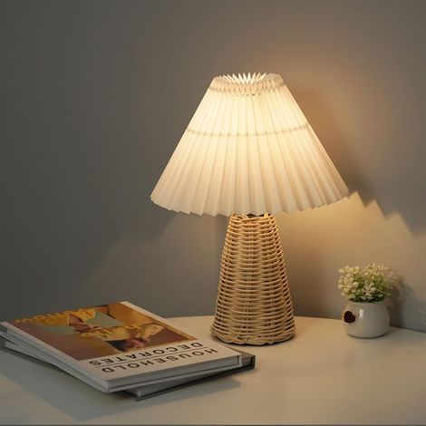 Plissierte Tischlampe, Plissierte Tischlampe, Nachttischlampe mit Rattansockel, Vintage-Stil, weiches, warmes Licht für die Schlafzimmerdekoration (1/5)