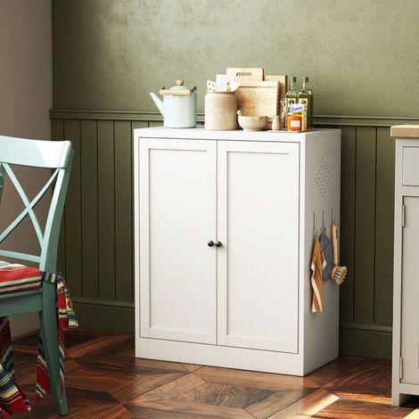 Buffet de Cuisine 88 cm blanc en métal étagères réglables en hauteur poignées ergonomiques montage requis (1/5)