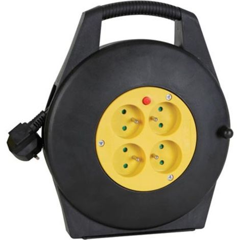Perel Enrouleur de câble, usage intérieur, 4 prises avec terre française, disjoncteur thermique, 10 m, 3G1.5, noir/jaune (1/3)