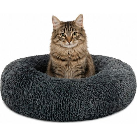 lionto Donut Katzenkissen, rundes Bett mit Plüschbezug & Anti-Rutsch-Boden, erhöhter Rand für Geborgenheit, 40 cm Durchmesser, dunkelgrau (1/5)
