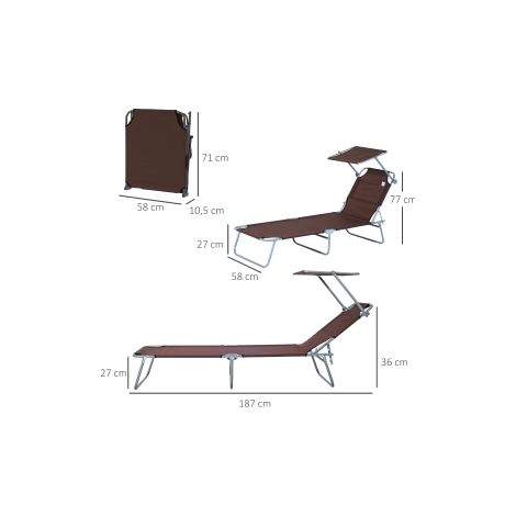 Chaise longue de jardin marron pliable avec pare-soleil et structure robuste, 187 x 58 x 36 cm, pour terrasse, balcon et jardin (1/5)