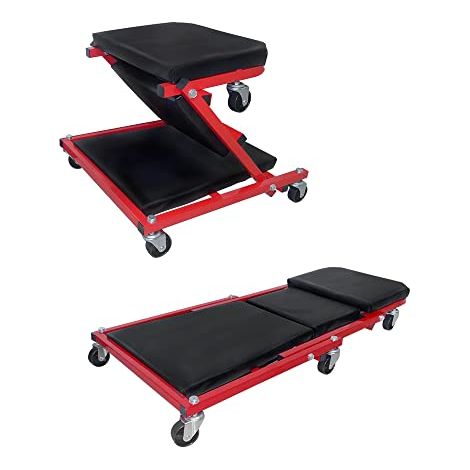 Naizy – Planche à roulettes d'atelier 2 en 1 – Siège et planche de montage pliable – Charge 150 kg – Roues pivotantes 360° – Confort ergonomique