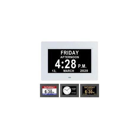 Horloge Numérique LCD 7 Pouces Calendrier, Date, Heure, Fonction Rappel Alzheimer, Écran HD avec Dimmage Automatique (Blanc)