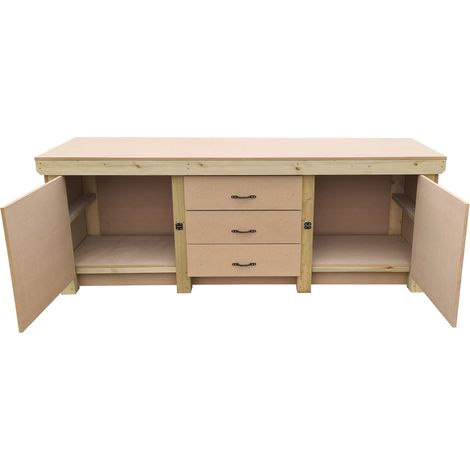 Wooden work bench with drawers and double lockable cupboard (V.8) (H-90cm, D-70cm, L-210cm)
