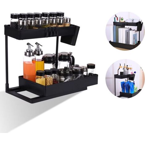 Cestello scolapiatti a 2 livelli per lavello – Cassetto scorrevole – 4 ganci mobili – Materiali: ABS e acciaio al carbonio – Contenitore sottolavello -Crezuo