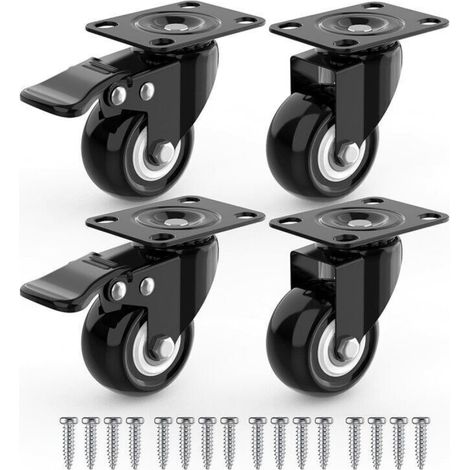 4 Swivel Casters for Furniture, 2 with Brakes + Screws - 50mm, Up to 100KG - Non-Marking Casters for Heavy Loads - Rubber Wheels for Trolleys - Black (1/5)