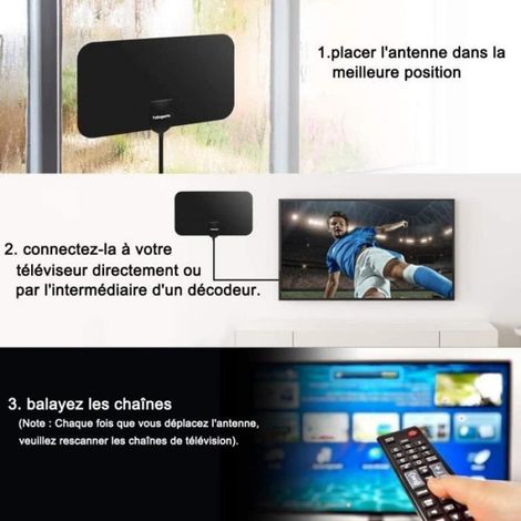 Antenne TV Intérieur TNT HD Puissante - - Amplificateur de Signal 25 dBi - Portée 60 Miles (1/4)