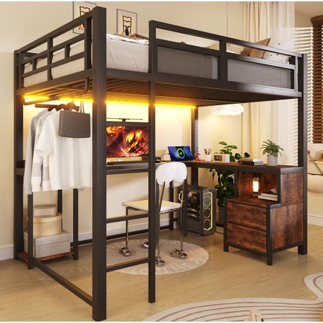 Lit mezzanine 140/200 cm noir en métal et bois avec bureau, LED et ports USB (1/5)