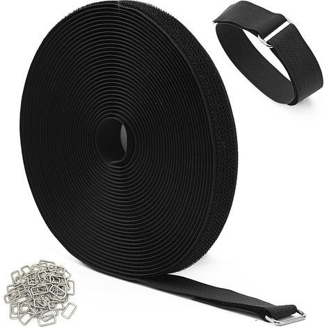Bande de 10 m avec 50 boucles en métal, bandes de 2 cm d'épaisseur, bande solide, longueur de coupe libre, sangle pour l'extérieur, refermable, noir (1/4)