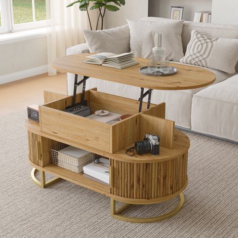 Ovaler Couchtisch mit Hubplatte und Stauraum, 100 x 50 x 64 cm, MDF, Stahlgestell (1/5)