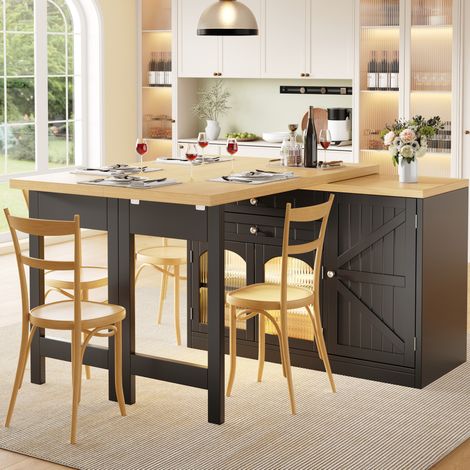 Mesa de cocina extensible y giratoria 120x40x73.5 cm, con almacenaje, MDF y metal, negra (1/5)