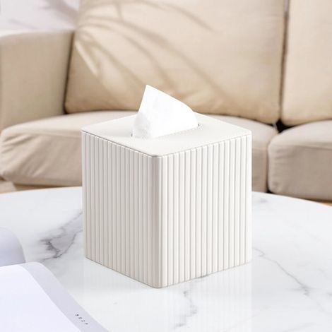 Caja de pañuelos cuadrada de cuero con tapa, caja de pañuelos cúbica, ideal para la decoración de la sala de estar, la oficina y el hogar (blanca). (1/3)