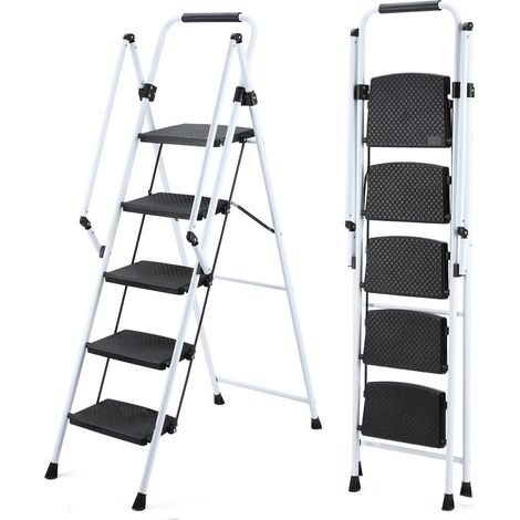 Escabeau pliant 5 marches en acier blanc avec marches antidérapantes et poignée de sécurité ergonomique (1/5)
