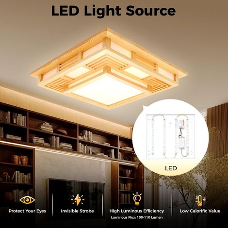 Japanische Deckenleuchte, LED Holz Deckenlampe Dimmbare Deckenleuchte Holz Tatami Lampe PVC-Schaffellimitat Lampenschirm Mit Fernbedienung Schlafzimmer Pendelleuchte