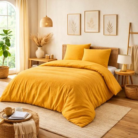 Parure de couette NIDRA 240 x 220 cm – Coton nid d’abeille – Curry – 2 taies 65 x 65 cm