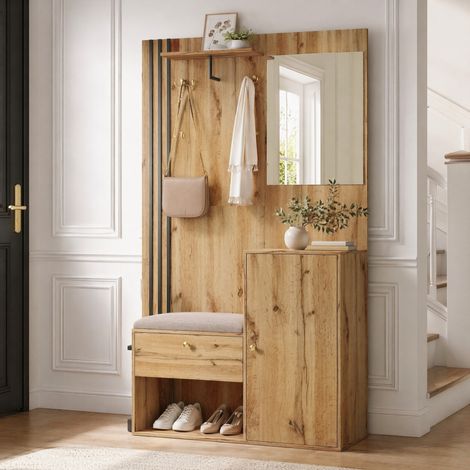 MODFU – Set de vestidor de recibidor 115x37x185 cm de MDF con espejo, asiento, ropero, paragüero, antivuelco y carga 50 kg – Natural y negro (1/5)