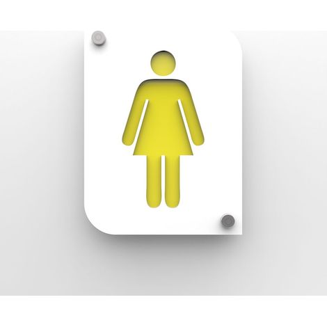 Pictogramme toilettes femmes - Plaque porte PMMA blanc design - Fond personnalisable - 20x15 cm, 2 plaques 3 mm, fixation inox 13 mm (1/4)