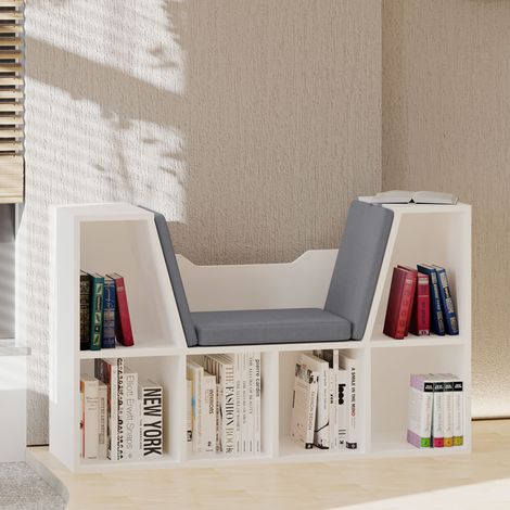 2-in-1 Bücherregal-Bank mit Sitzkissen, Würfelregal mit 6 offenen Fächern und 2 Ebenen, Aufbewahrungsmöbel für Wohnzimmer, Schlafzimmer, Büro, 102 x 30 x 61 cm, grau