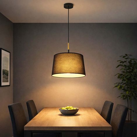 LED Hängeleuchte schwarz Pendelleuchte holzoptik Esszimmerleuchte Textilschirm, Metall, 9W 810Lm warmweiß, DxH 38x120 cm